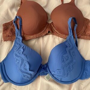 Elegant Lace Trimmed Blue and Brown Bras